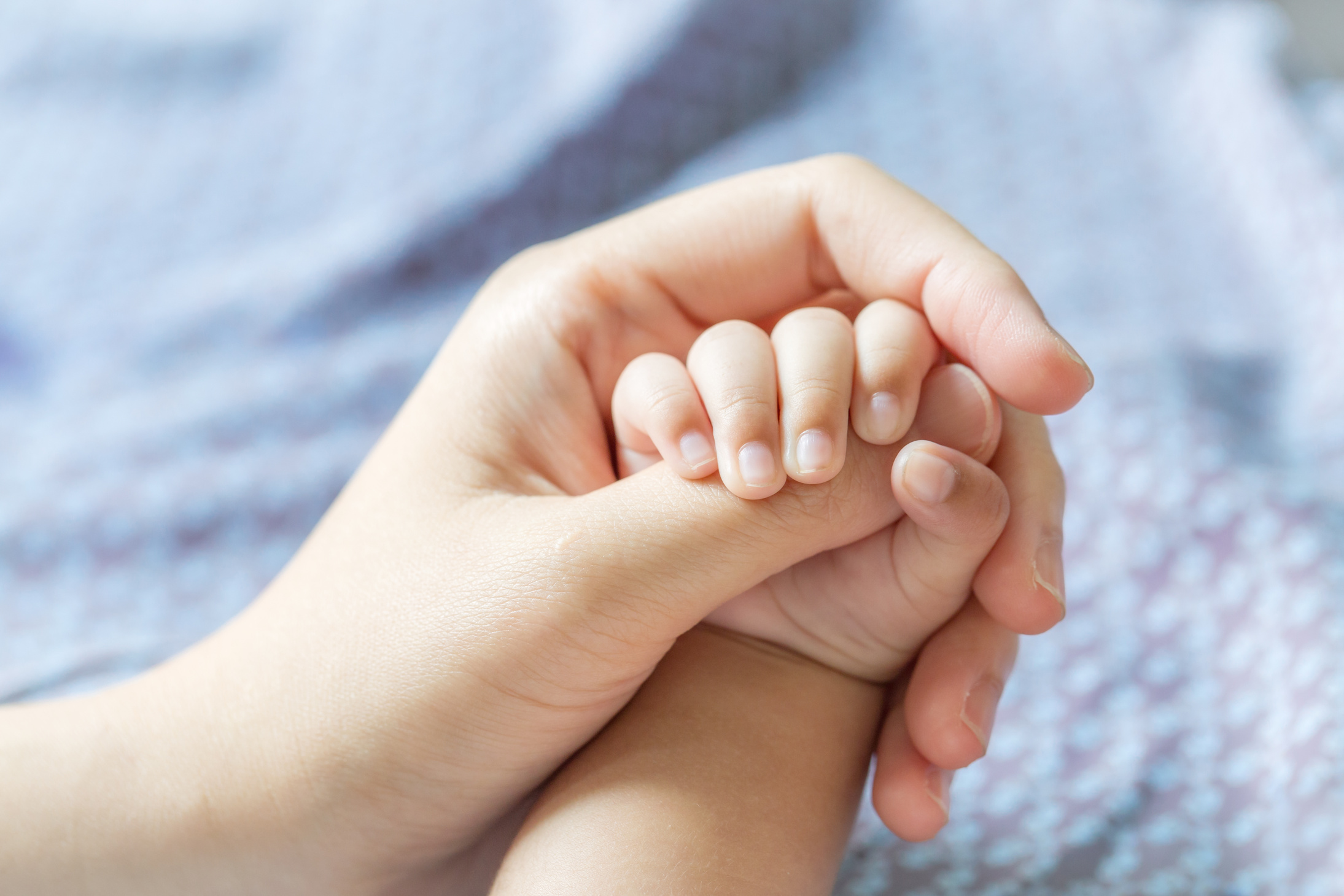 Baby hand holding finger mom. (Selected focus)